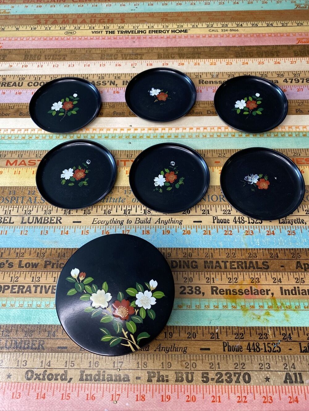 VINTAGE Otagiri Japan Floral 7 Piece Coaster Set Handmade 50s Floral JAPAN MCM